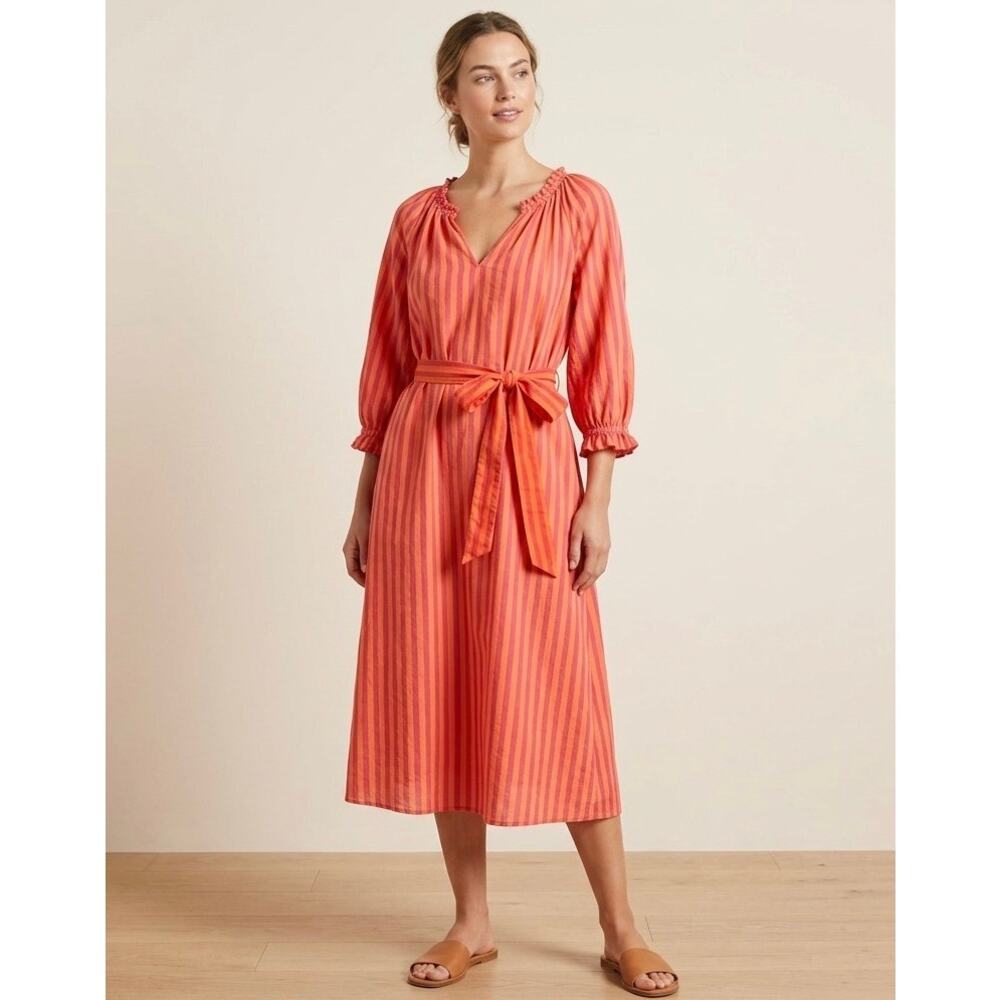 Pink City Prints Midi Dress Womens XS/S Pink Orange Striped 100% Cotton Belted‎